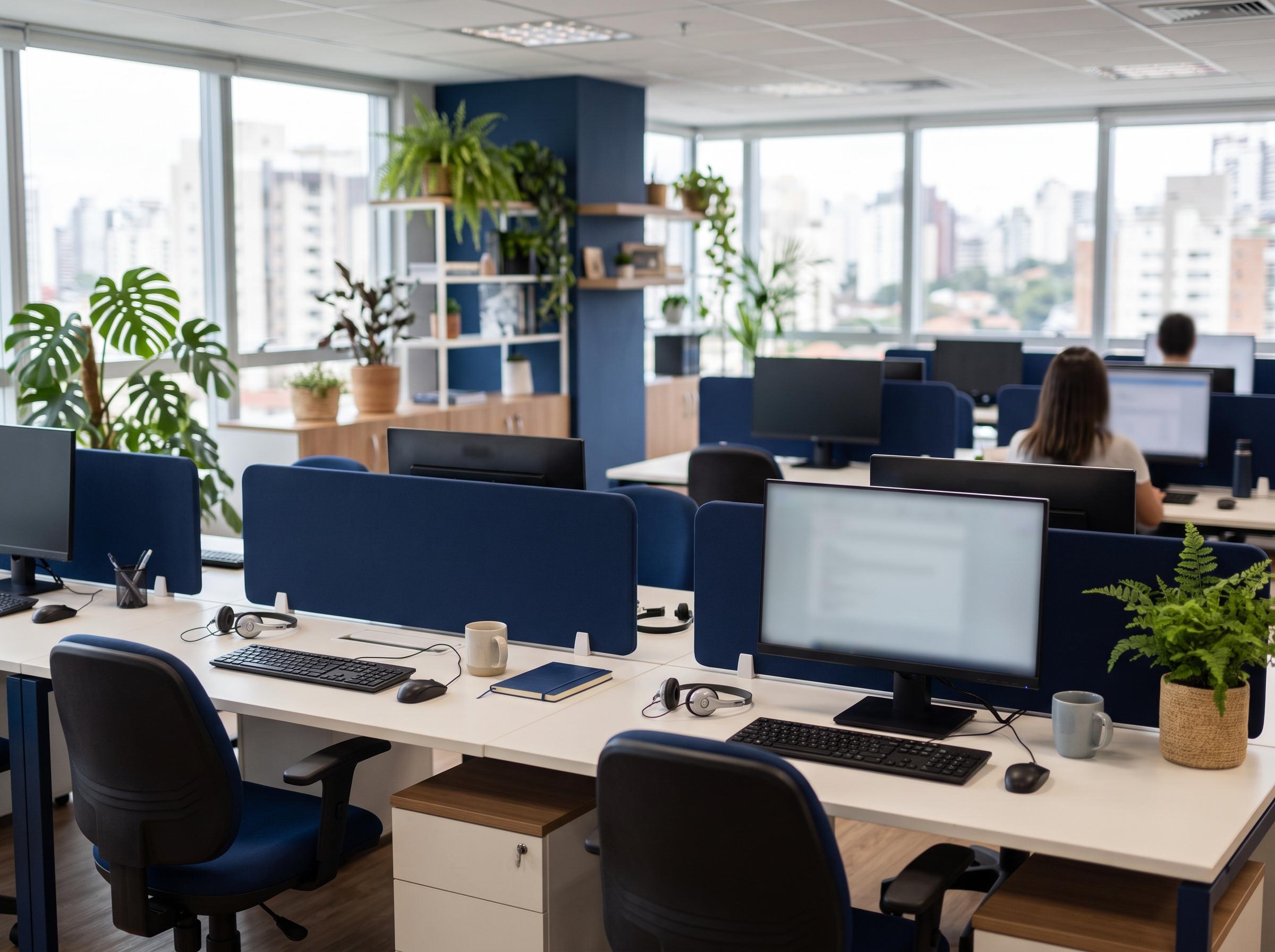 Escritório com estações de trabalho, computadores e headsets