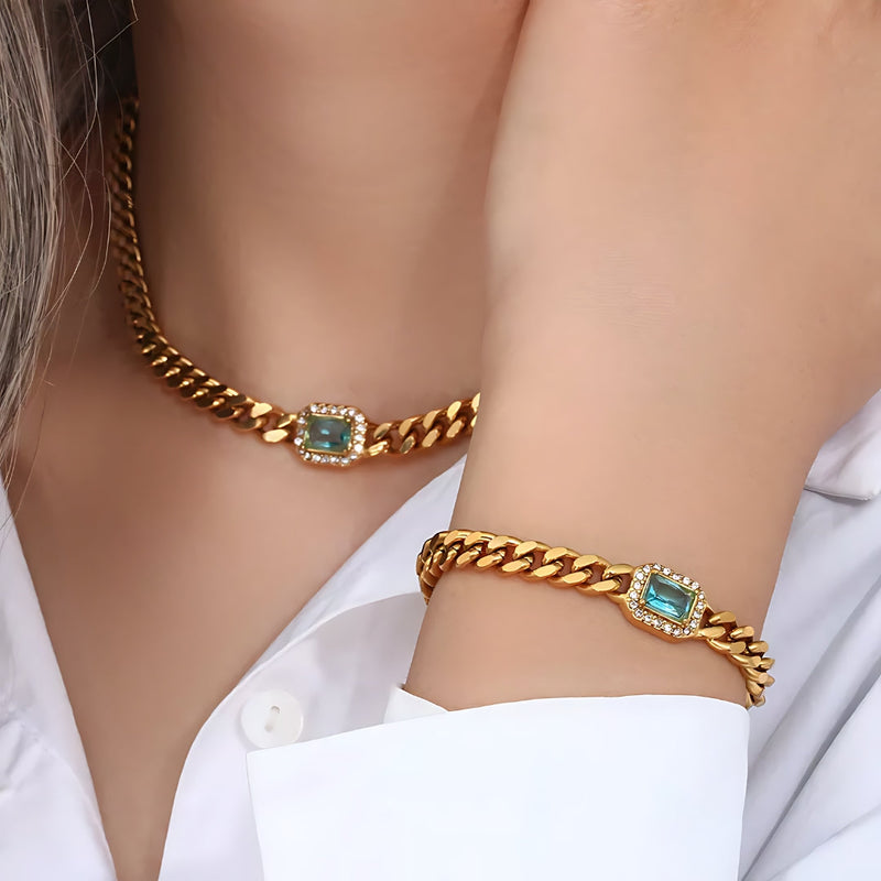 Pulseira Corrente Cravejada em Zircônia Verde Banhada em Ouro 18k